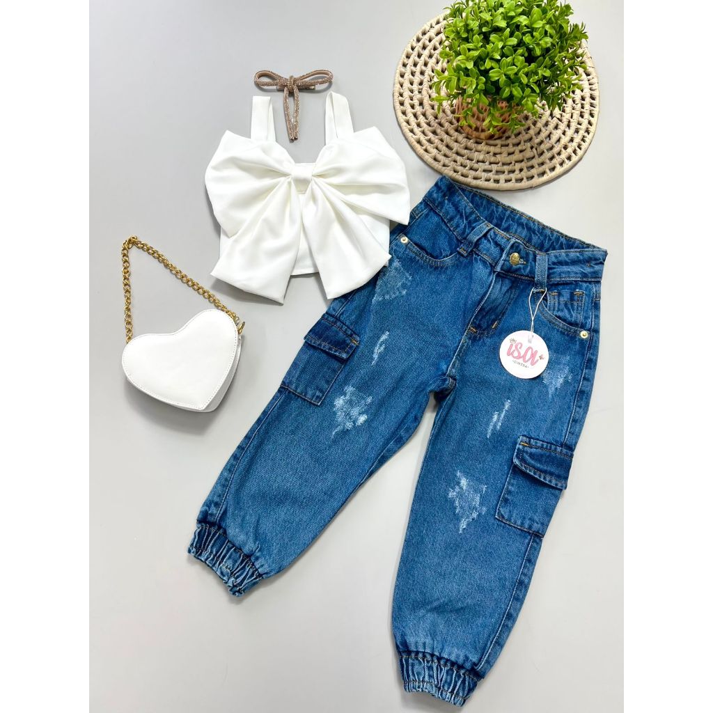 Conjunto Infantil Feminino Cropped Laço + Calça Jogger Jeans Cargo moda menina Blogueirinha