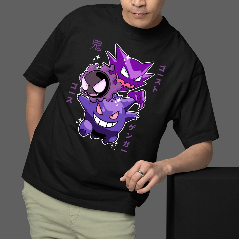 Camiseta Oversized Gastly Evolution Haunter Gengar Ghost Fantasma Pokemon Anime Game Unissex