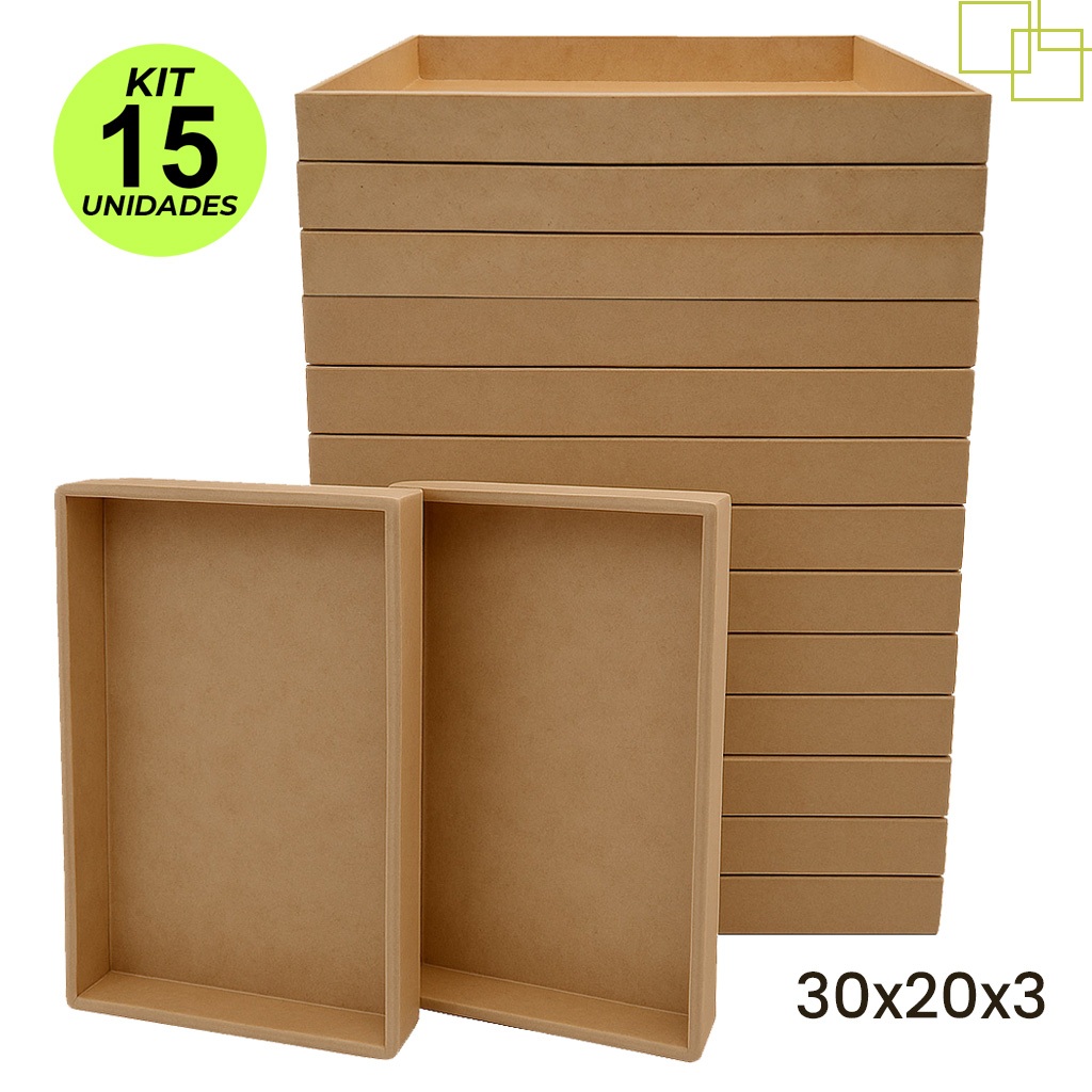 Kit 15 Bandejas Decorativa Organizadoras Multiuso em MDF 3 mm 30x20x3