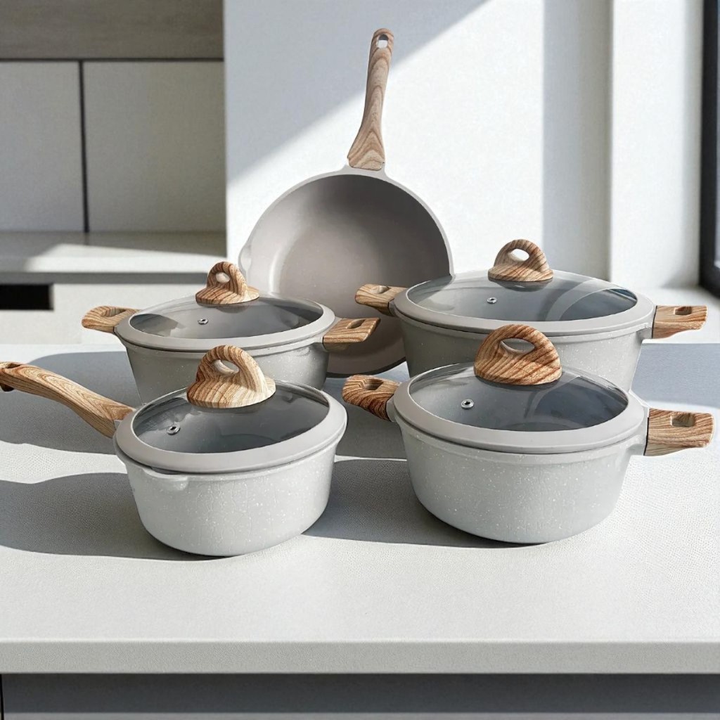 Jogo de Panelas Antiaderente Granito Cerâmica 5 Peças – Serve Gás e Indução em Oferta na Shopee