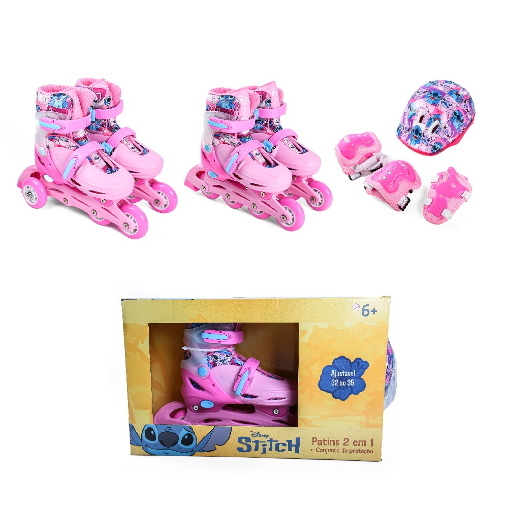Patins Infantil 32-35 Angela e Stitch com Proteção Capacete, Cotoveleira e Joelheira Rosa Disney