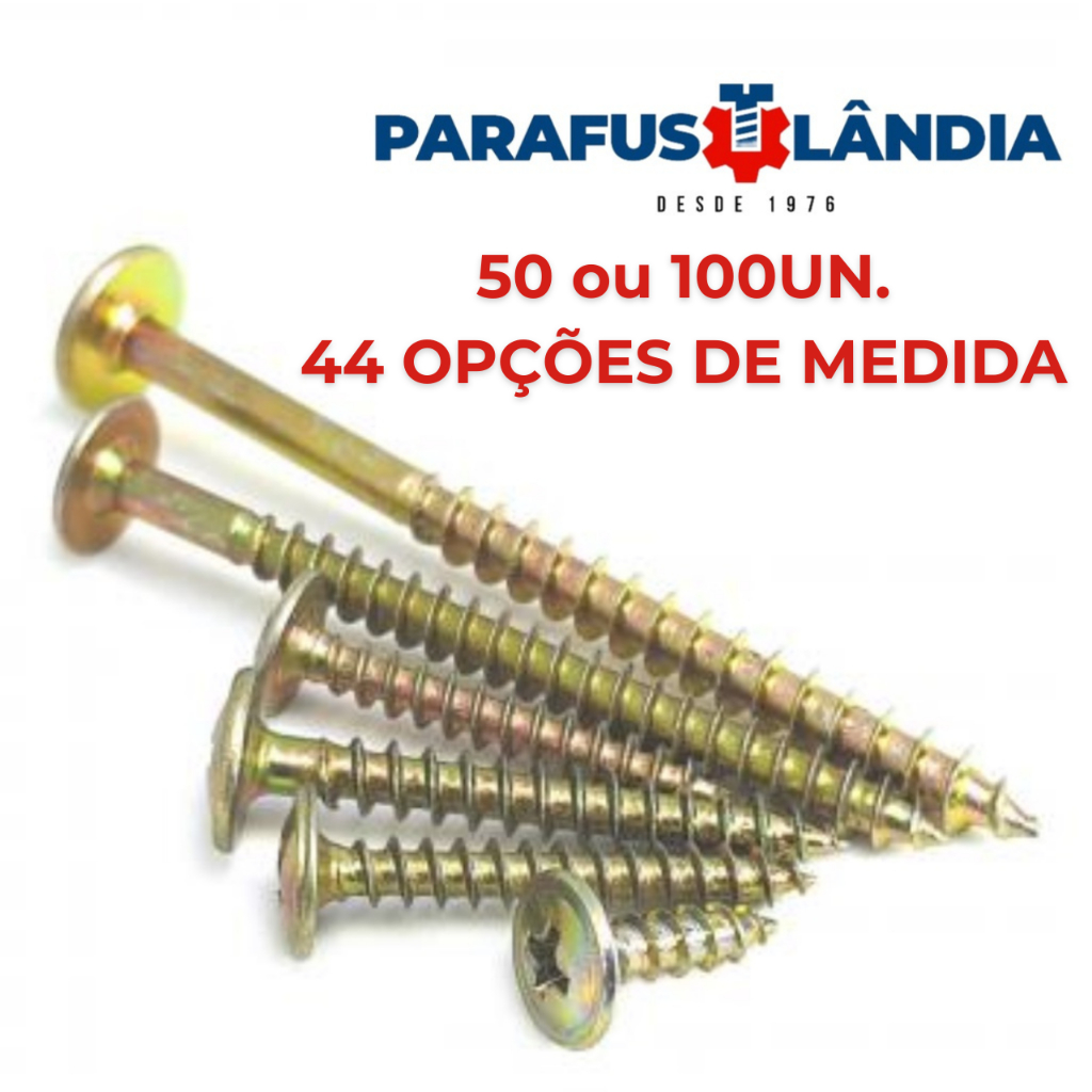 KIT 50 ou100 Parafusos Chipboard Cabeça Phillips Flangeado Para Madeira MDF  Móveis Diversas Medidas