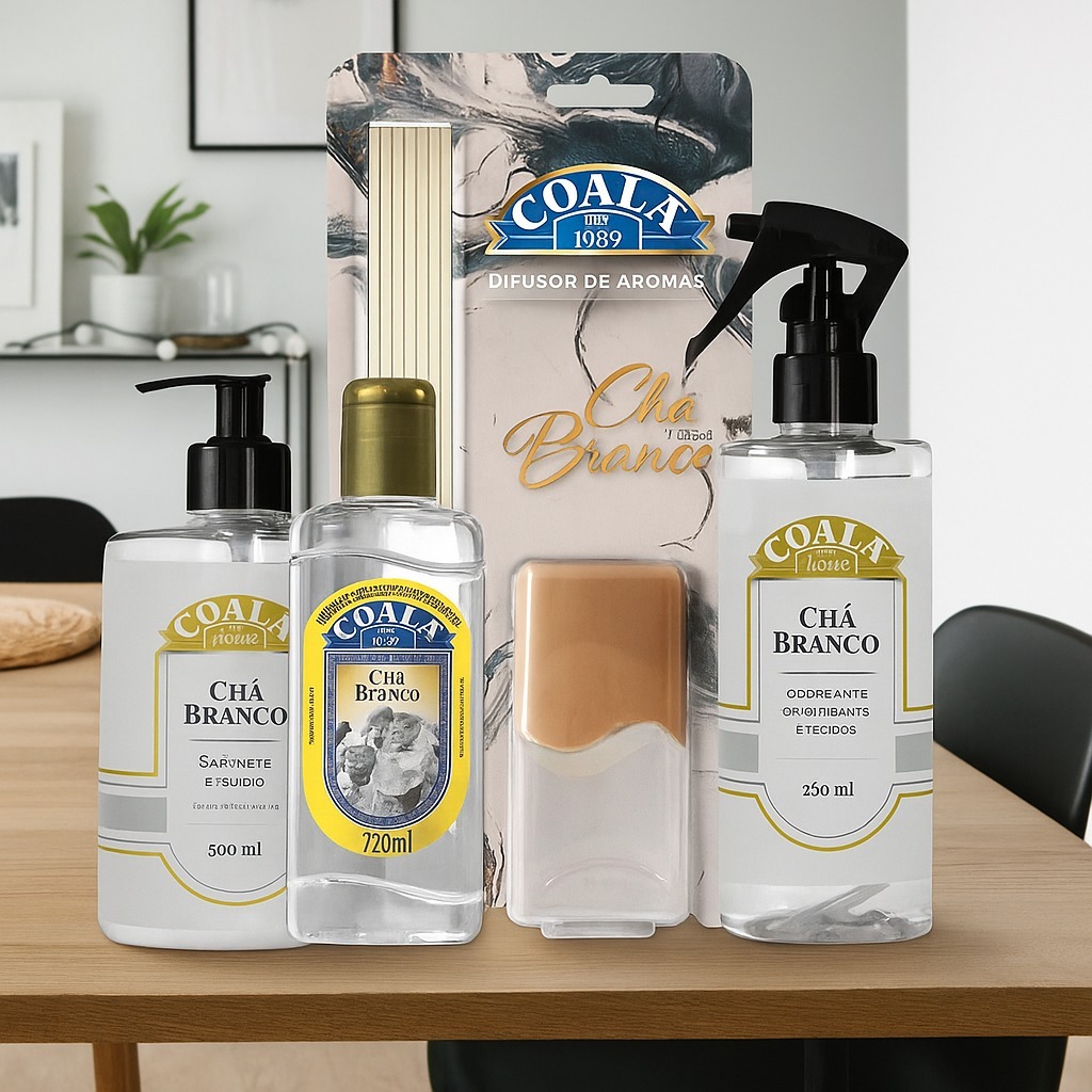 Kit Completo Coala Chá Branco – Essência + Difusor + Odorizante + Sabonete