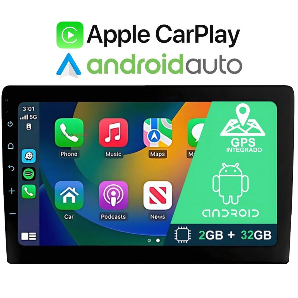 Central Multimídia 9 Polegadas Plus 2GB Ram + 32gb Rádio FM Bluetooth Usb CarPlay Android Auto GPS Integrado