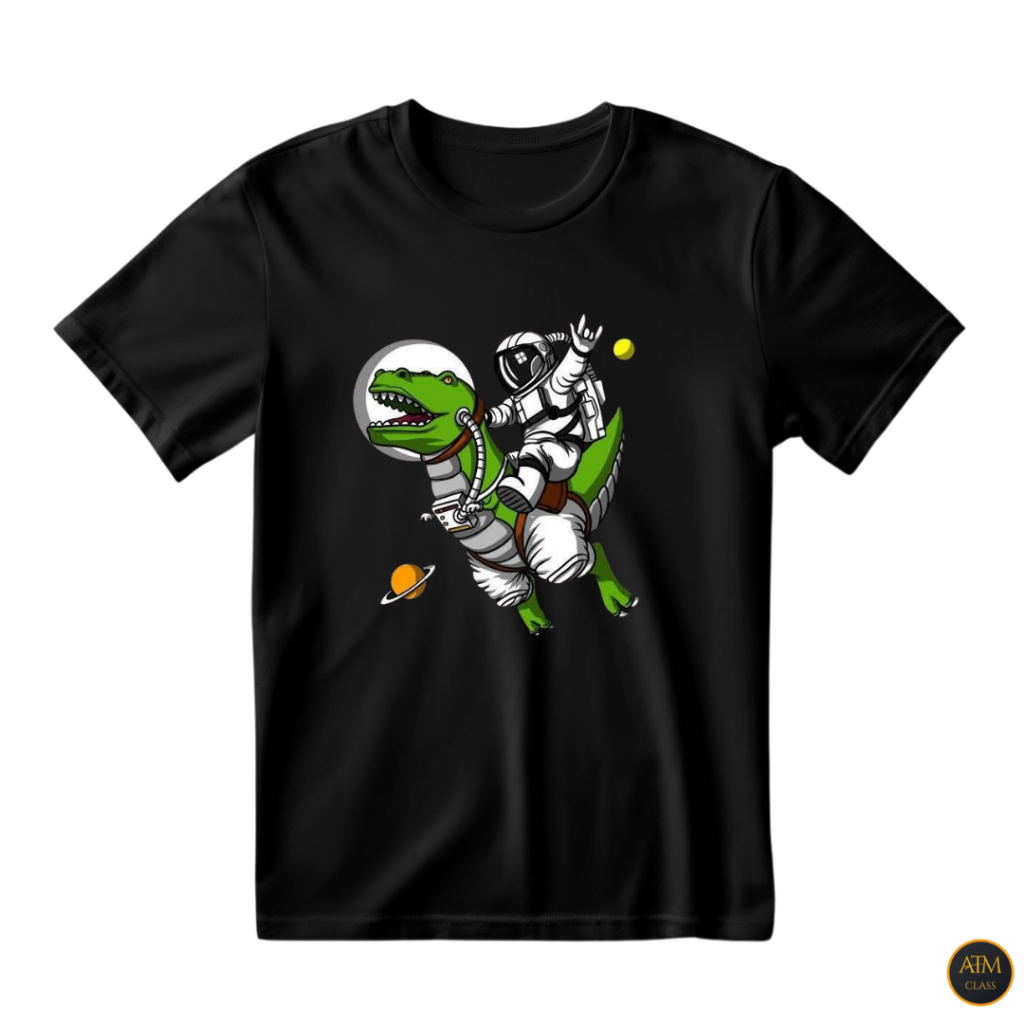 Camisa Unissex Astronauta Com Dinossauro Na Lua Infantil E Adulto 100% Algodão - Envio Imediato