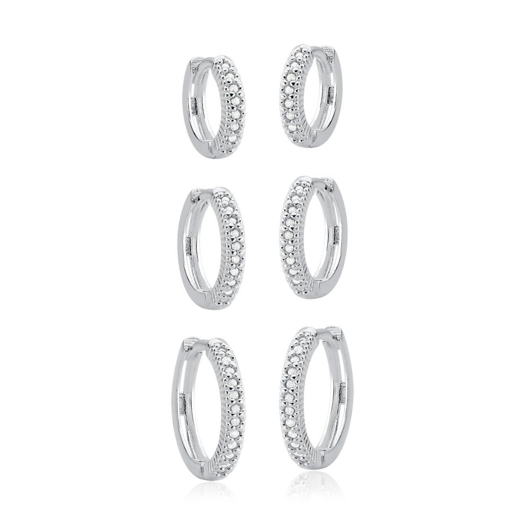 Trio de Brincos Argola de Prata 925 Click com Zircônias Cravejadas em Oferta na Shopee