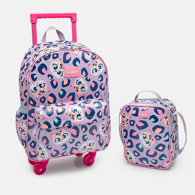 Kit Mochila de Rodinhas Infantil Menina Escolar 18L  + Lancheira Térmica Estampa Onça Puket em Oferta na Shopee