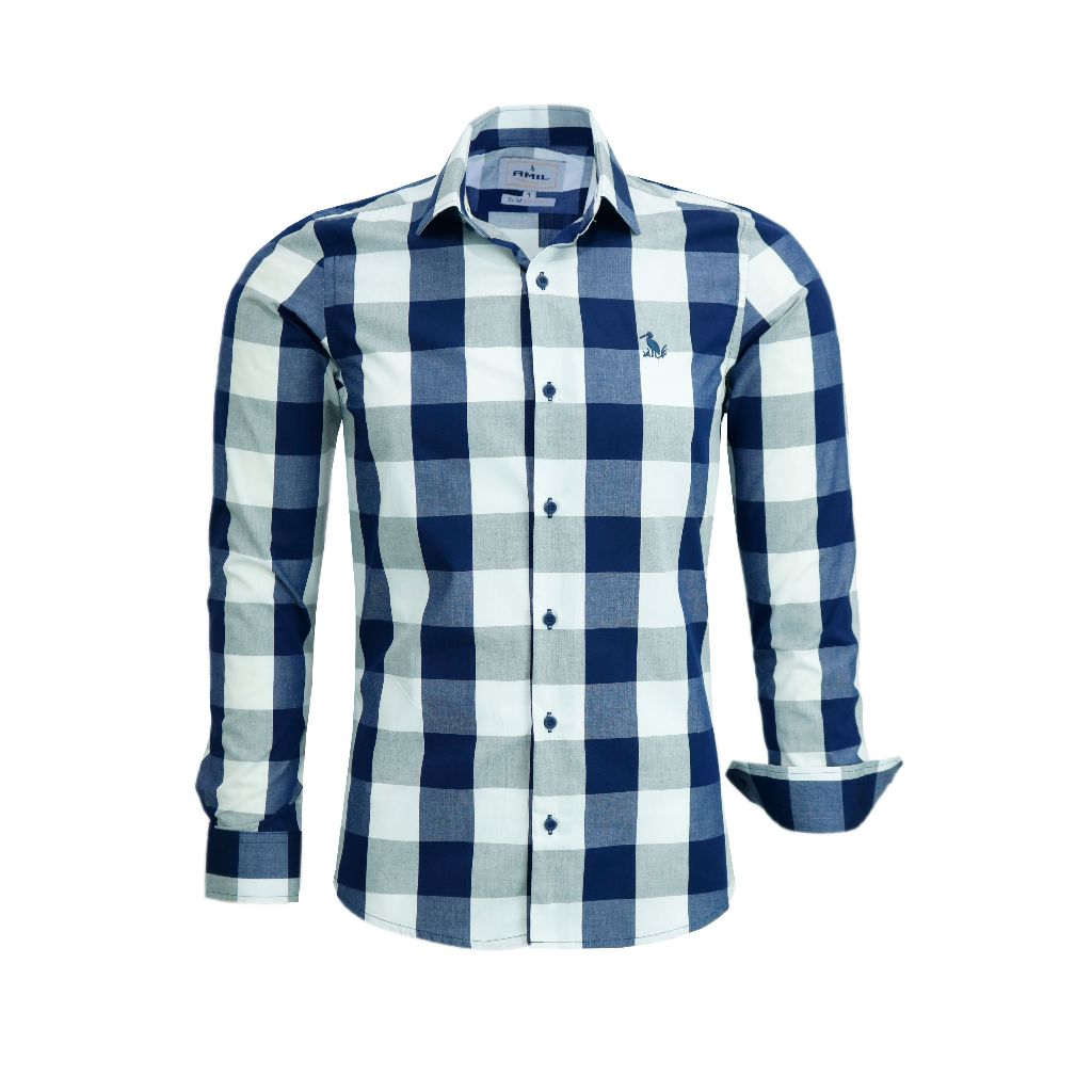 Camisa Social Xadrez Amil Fio Tinto Manga Longa Slim Algodão Sem Bolso 1899