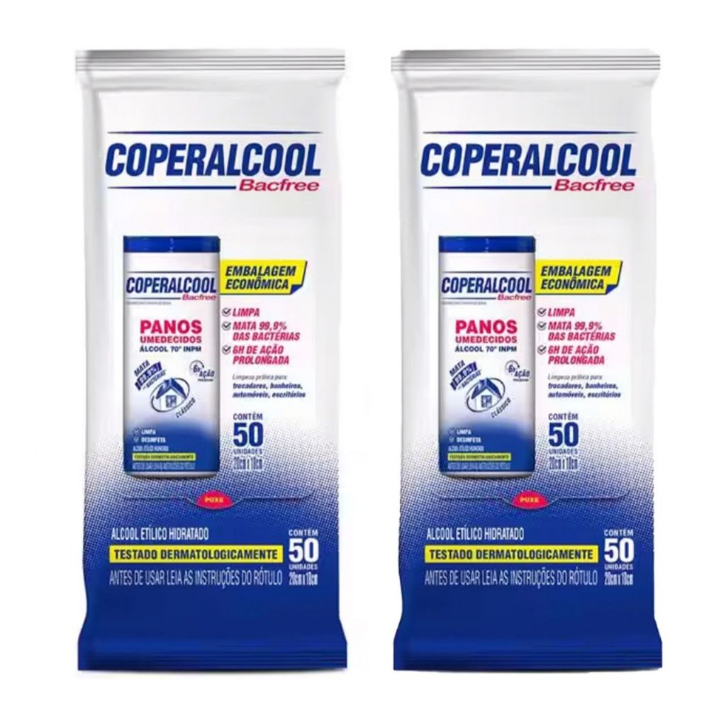 Pano umedecido Bacfree 70 Ação Prolongada Flow Coperalcool Pacote 50 Unidades (2 unidades) em Oferta na Shopee