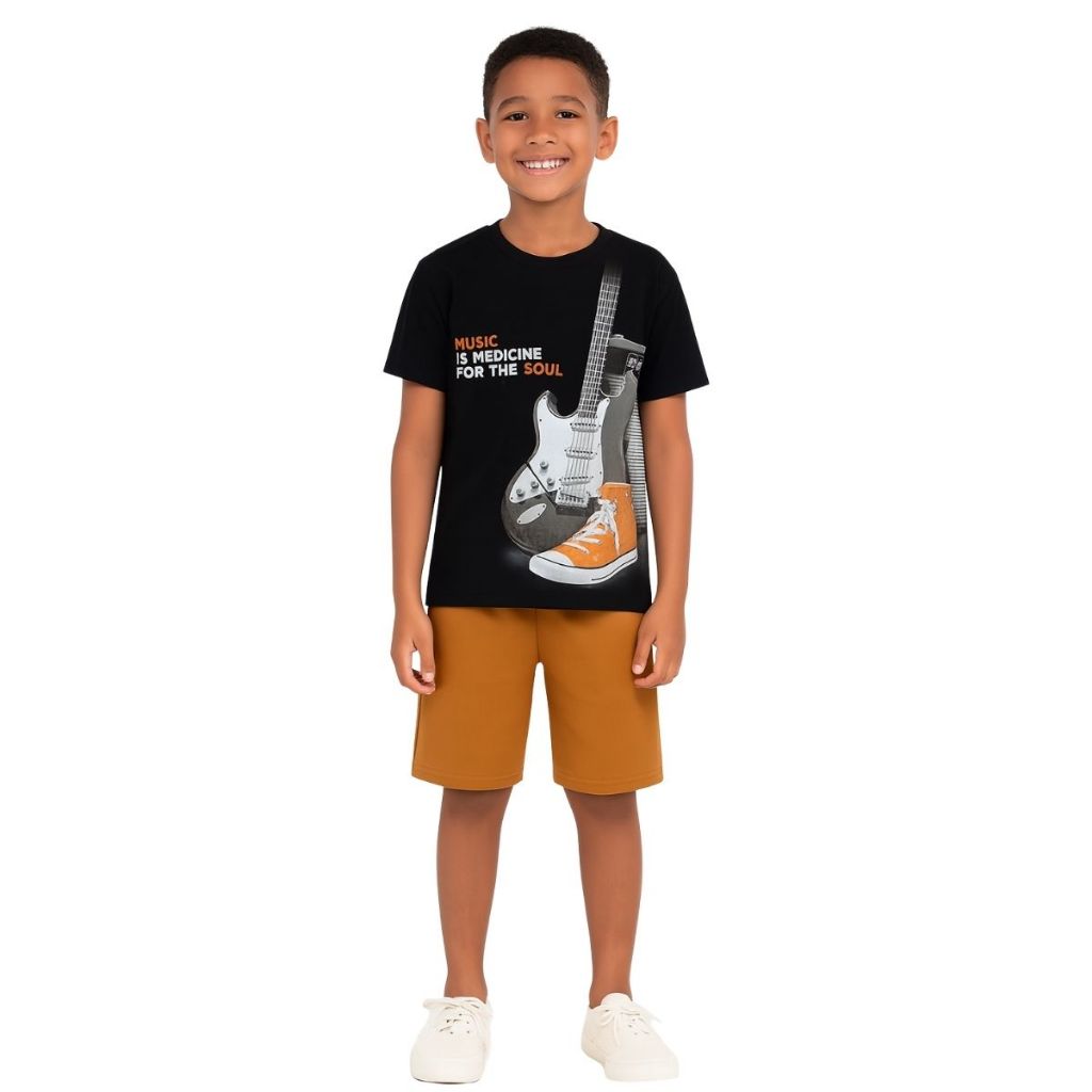 Conjunto Juvenil Masculino Camiseta Meia Malha Bermuda Moletom Confortável Sofisticado Kyly 1001099