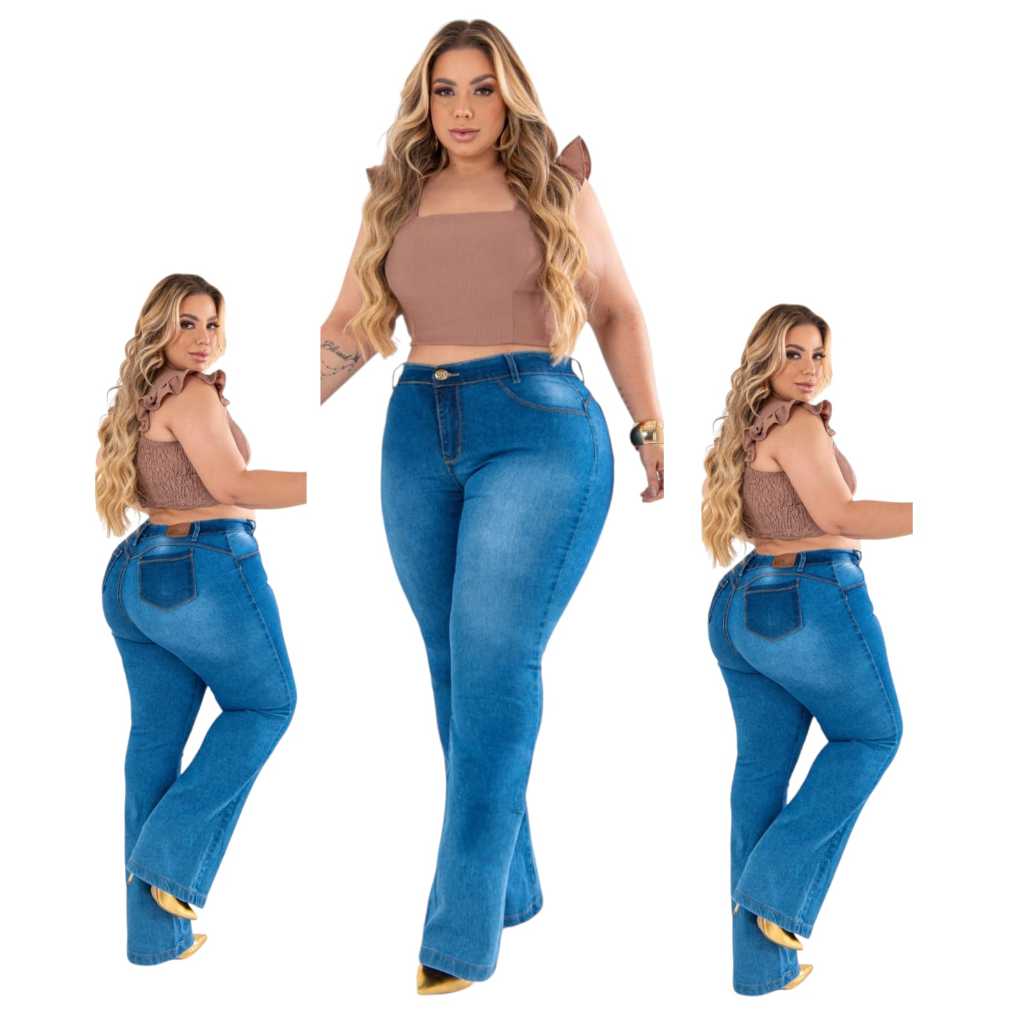 Calça Jeans Flare Plus Size Lavagem Delave Cintura Alta com Bolsos e Ziper tamanho 56