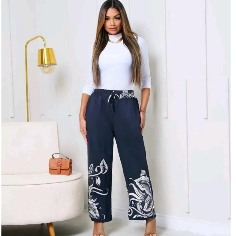 Calça pantalona femenina cintura alta com bolso tecido DUNA estampado em Oferta na Shopee