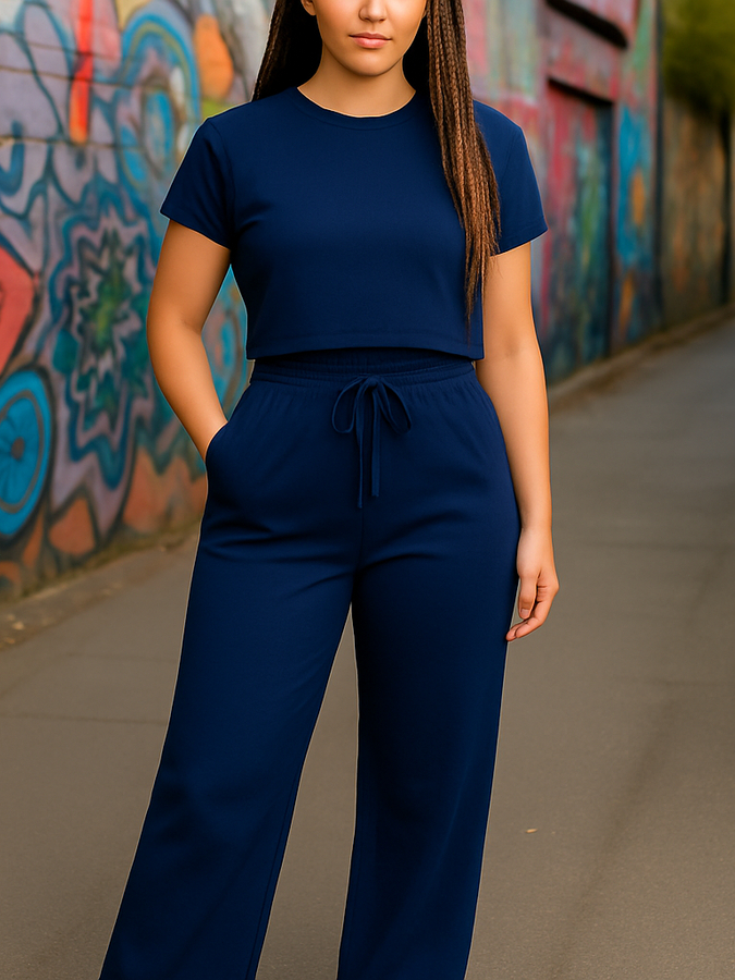 Conjunto Brisa Feminino Cropped Manga Curta Moletinho + Calça Gringa Pantalona Moda Casual Confortável Tendência