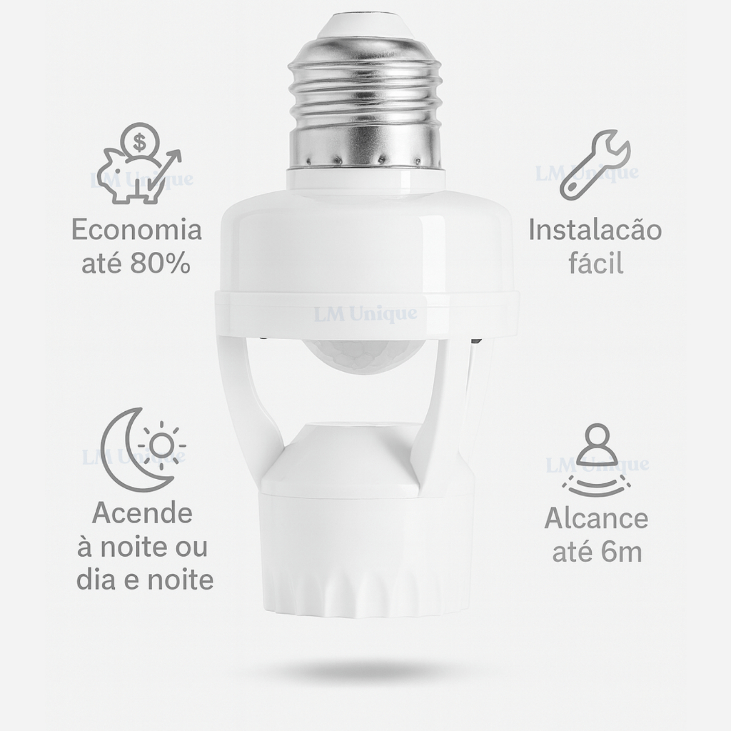 Sensor de Presença Soquete E27 360° Fotocélula Bivolt Timer Automático Lâmpada LED