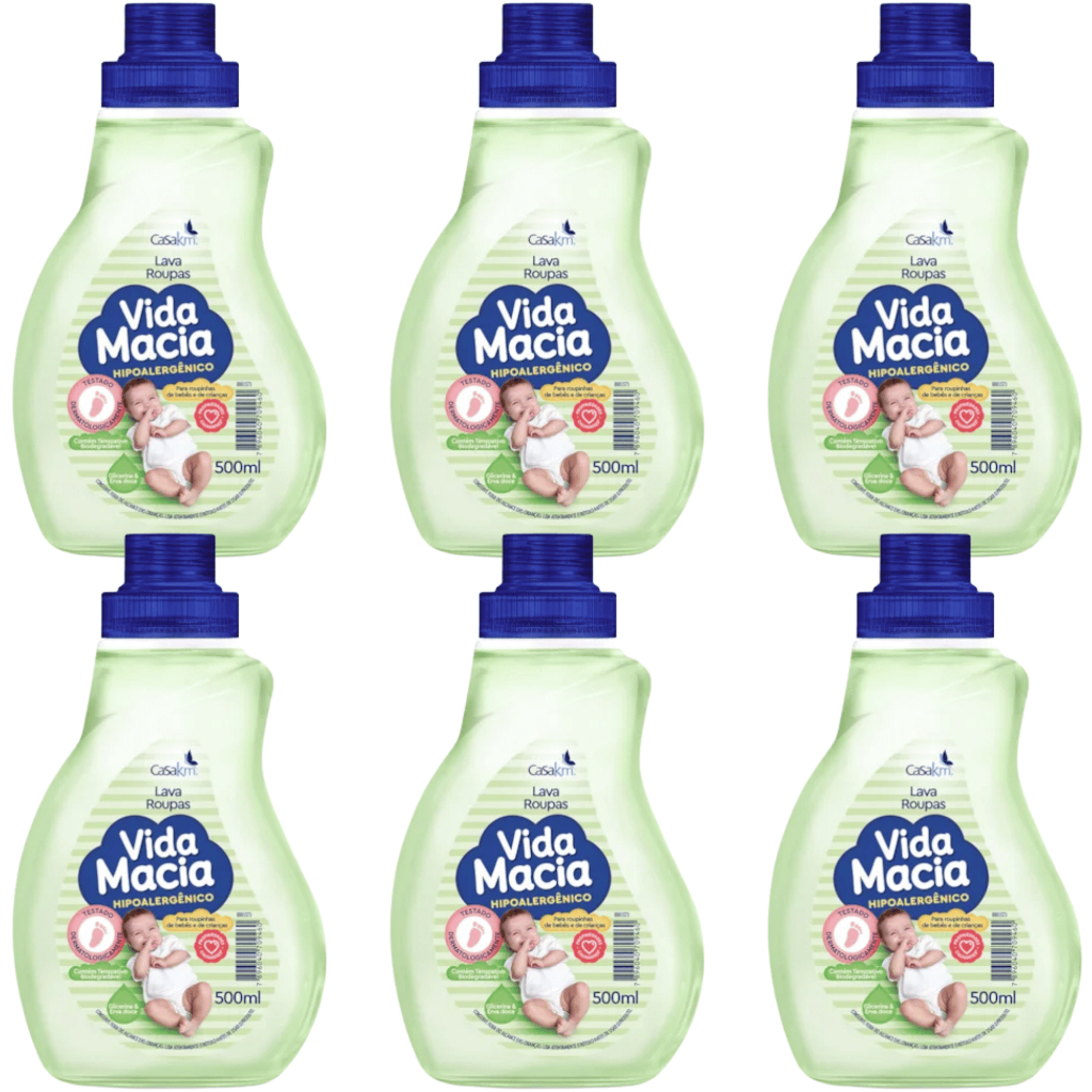 KIT 06 UND Lava Roupas Vida Macia 500ML Glicerina & Erva Doce Hipoalergênico Sabão Líquido Roupinhas