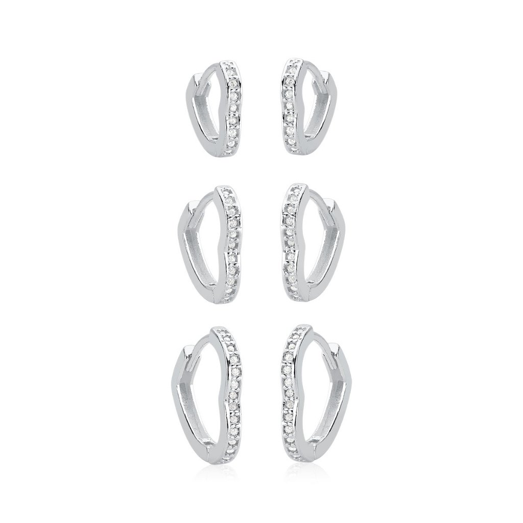 Trio de Brincos Argola de Prata 925 Click Coração com Zircônias em Oferta na Shopee