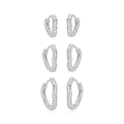 Trio de Brincos Argola de Prata 925 Click Coração com Zircônias