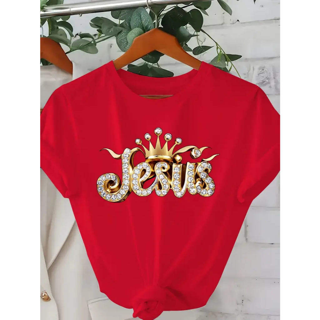 Camiseta Feminina T-shirt Algodão100% Jesus Com Coroa Dourada