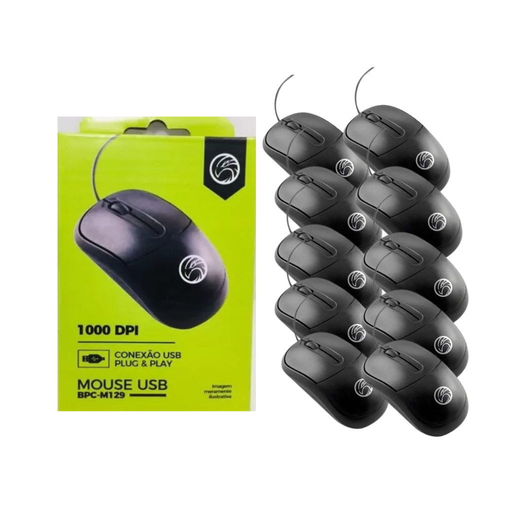 10 Unidades Mouse Óptico USB BrazilPC M129 Cabo 1,2m Preto – Alta Precisão