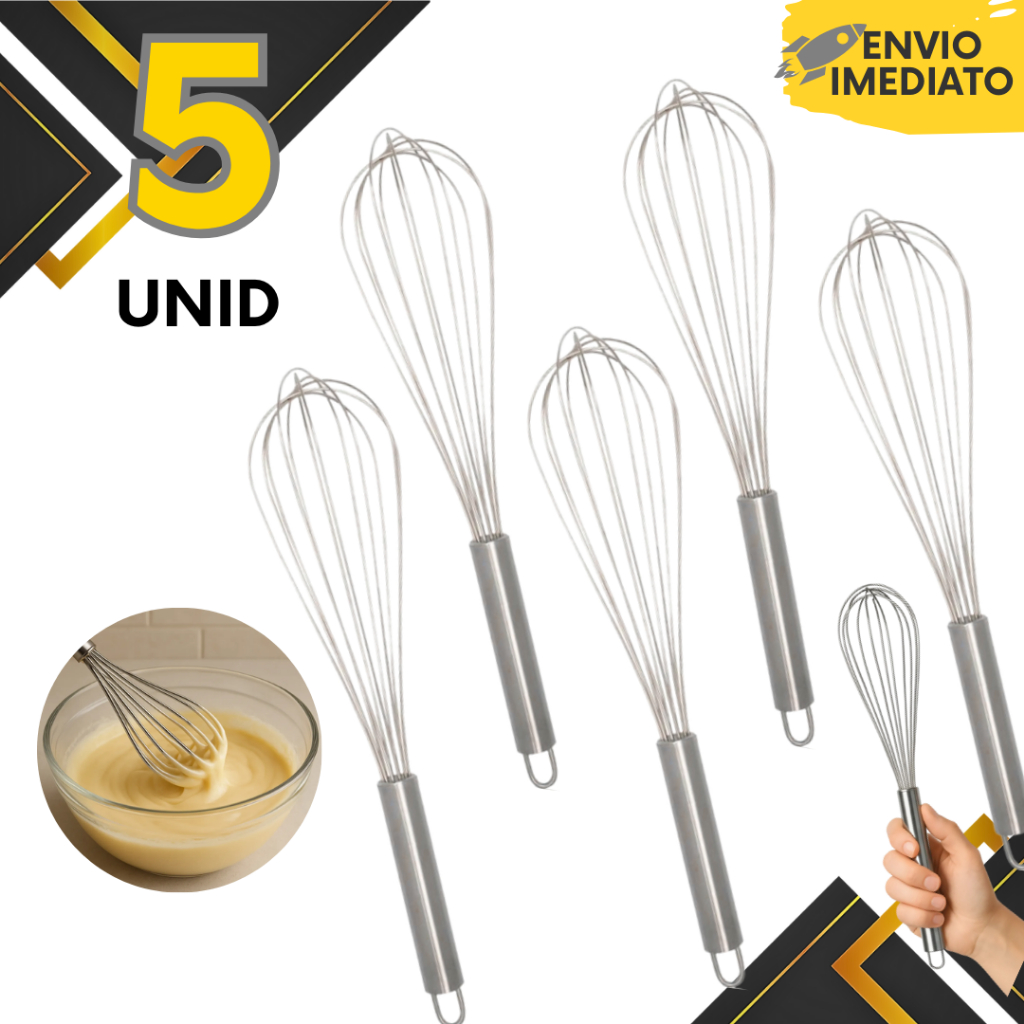 Kit 5,4,3,2 - Batedor de Ovos Fouet Massa Bolo Sobremesa Restaurante Casa Cabo Reforçado Confeitaria