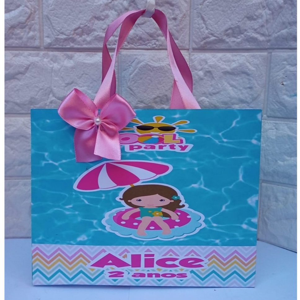 Sacolinha Personalizada Pool Party Piscina Praia Menina Rosa lembrancinhas personalizadas para festa caixinhas