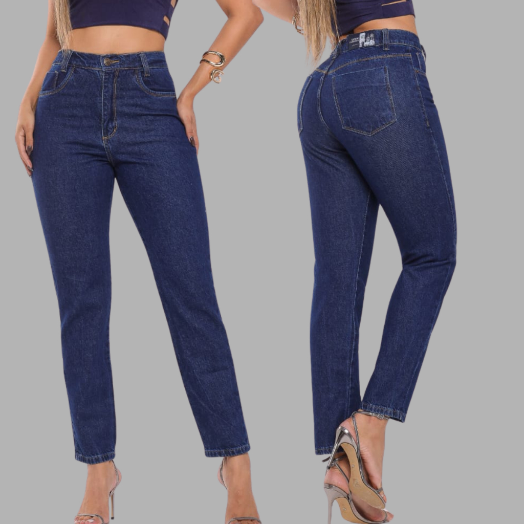 Calça Mom Jeans Cintura Alta Feminina Levanta Bumbum Lisa Soltinha Escura Premium 100% Algodão