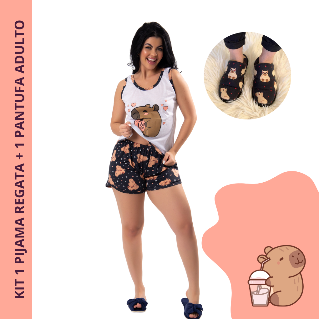 Kit 1 pijama feminino ADULTO + 1 pantufa de quarto estampa da capivara baby dool short doll regata Verão Personagens