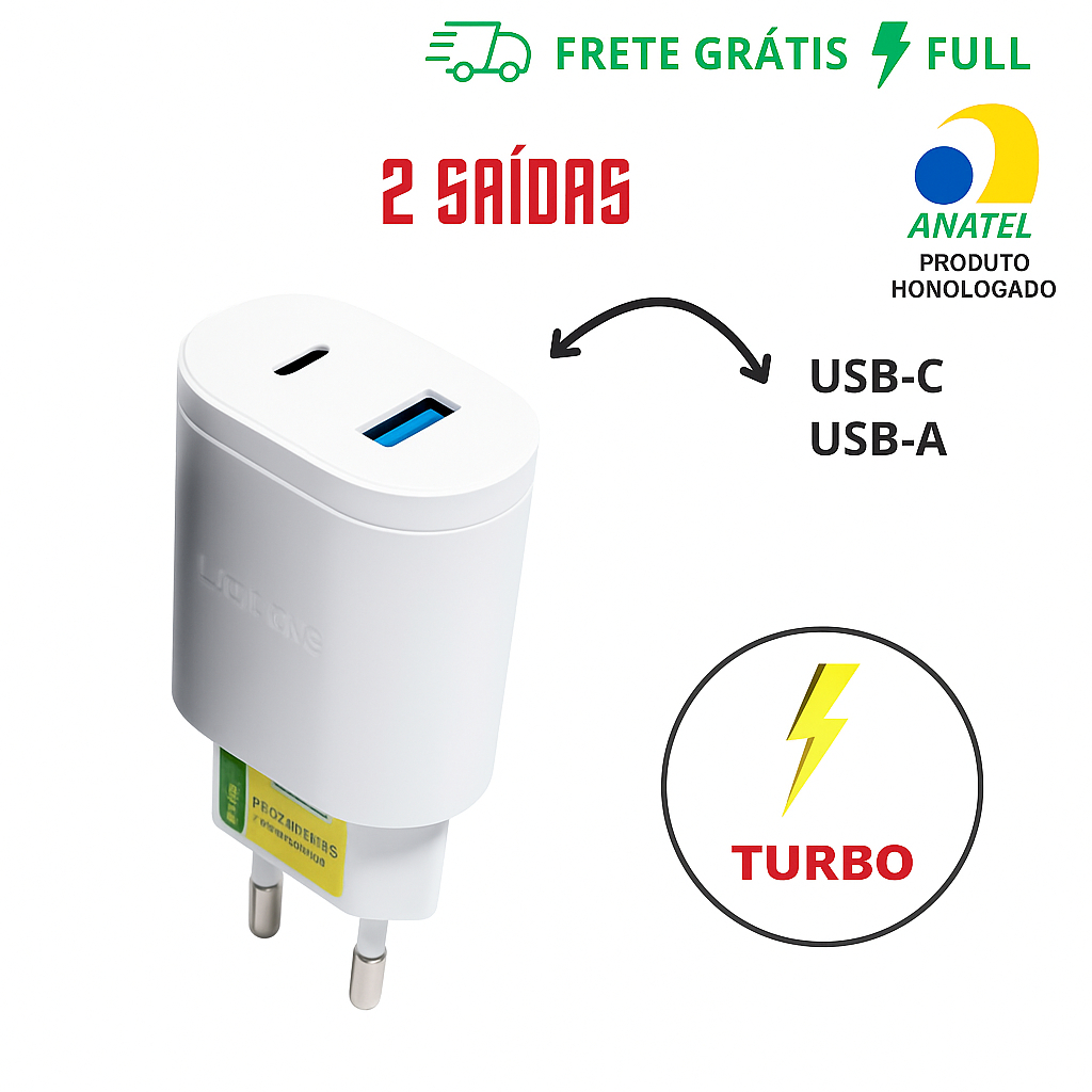 FONTE CARREGADOR TURBO BRANCO 2 SAIDA USB E TYPE-C 5.1A LE-283