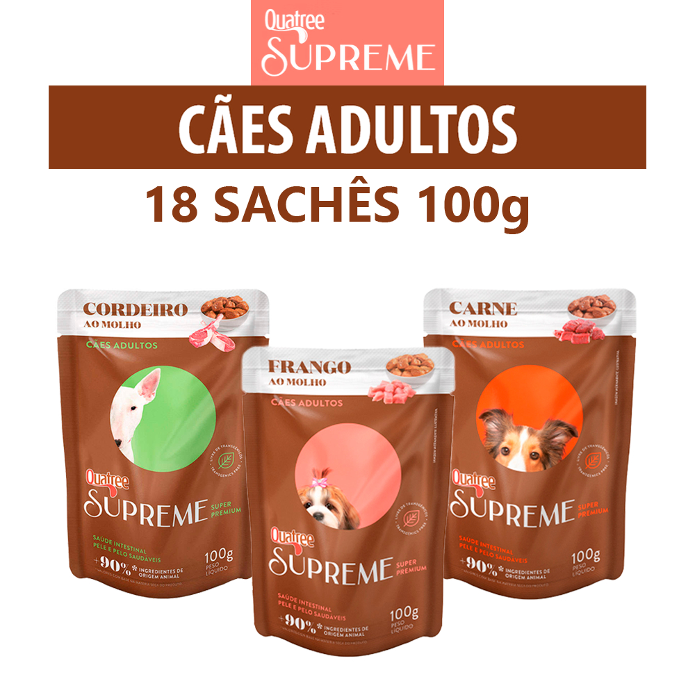 Sache Quatree Supreme Ração úmida para Cães Adultos Caixa com 18un de 100g