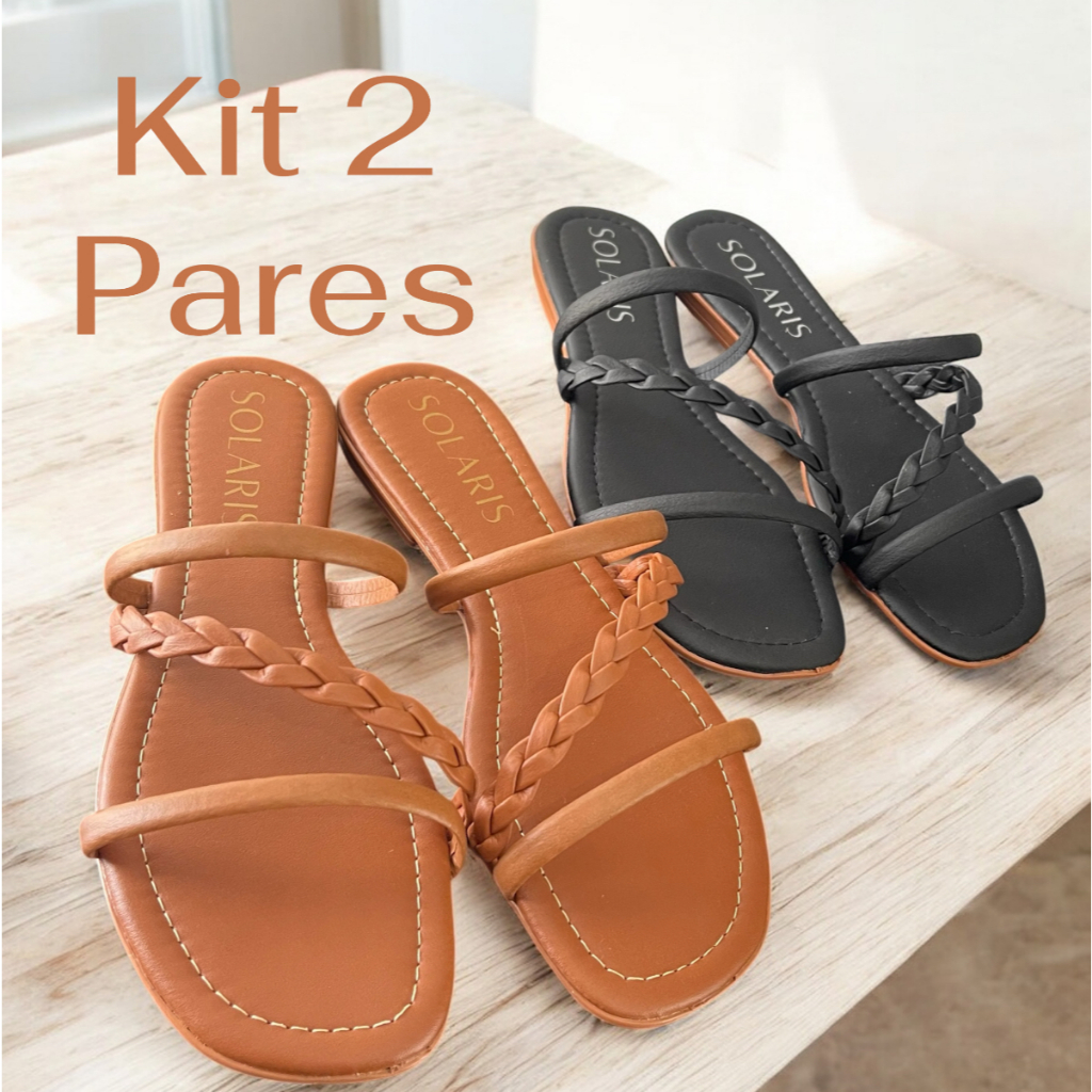 Kit 2 Pares Sandália Feminina Rasteira Salto Trançada Brilhante Casual Linda Confortável Barata