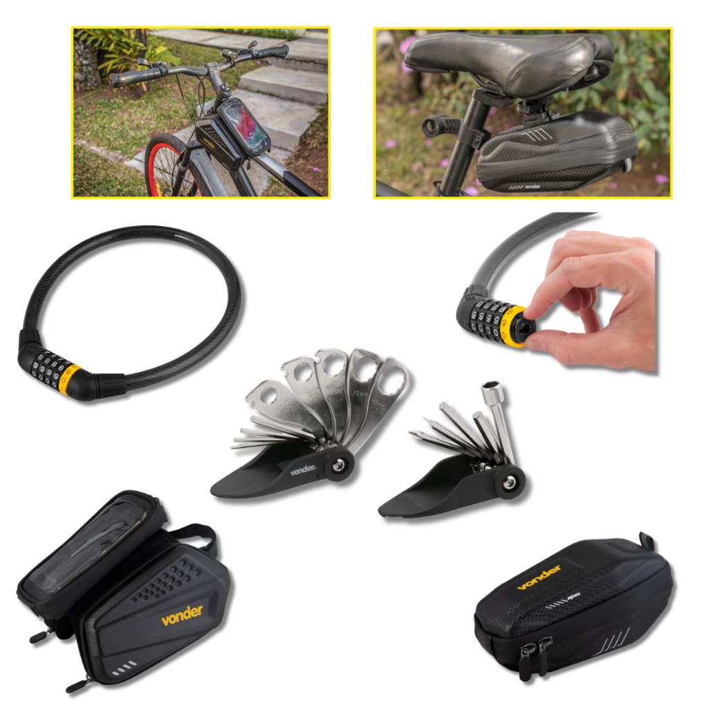 Kit P/ Bicicleta Vonder Porta Celular Bolsa Impermeável Cadeado 60cm Segredo + 1 Jogo de Ferramenta