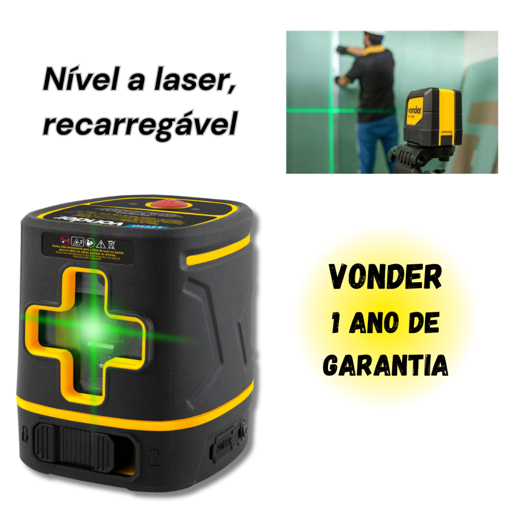Imagem Nível a Laser Profissional Vonder 2 Linhas Verdes 20 Metros Recarregável Alta Precisão
