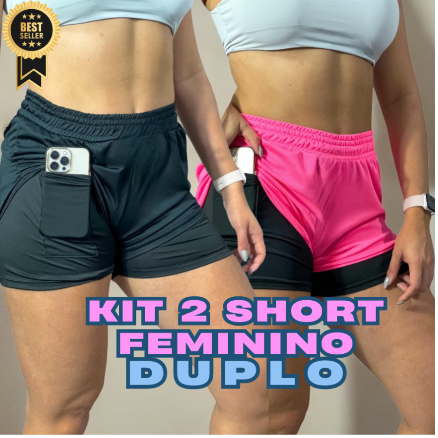 Kit com 2 Shorts Esportivos Duplo 2 em 1 Feminino para Academia, Corrida e Treino