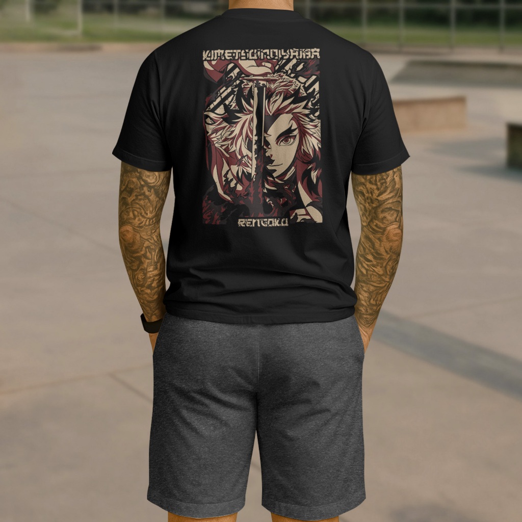 Kit Camiseta + Bermuda Rengoku Demon Slayer Conjunto Masculino Streetwear Anime Moda Jovem Algodão Verão