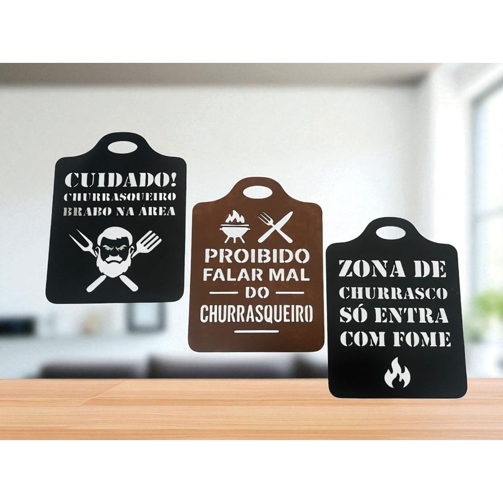 Kit com 3 plaquinha decorativa em MDF 3mm com fita dupla face - tema churrasco