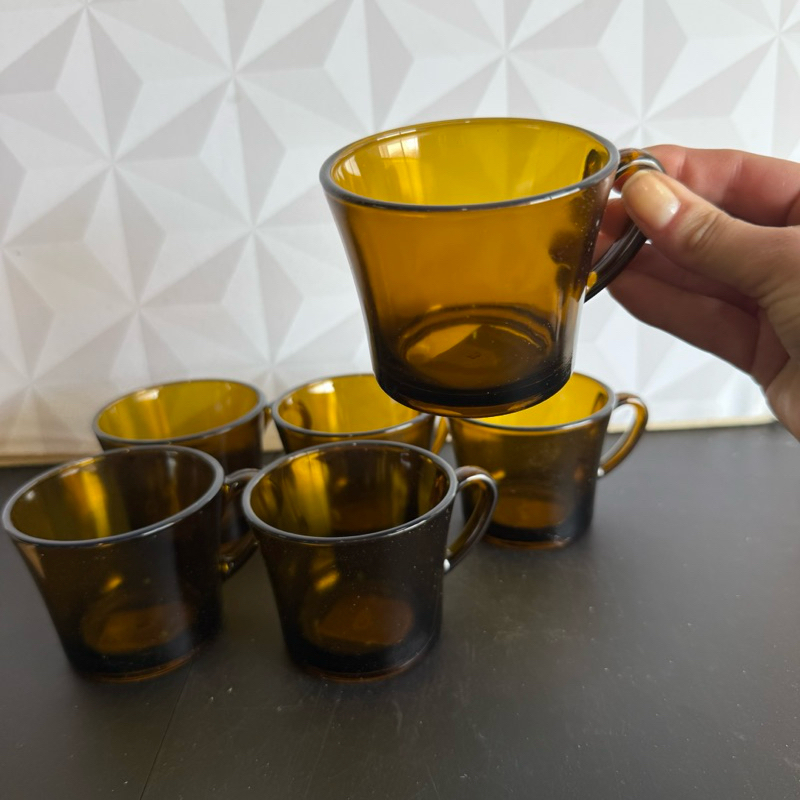 Jogo de xícara caneca de vidro para chá ambar dourado com 6 peças 200ml antiga kit conjunto xícara dourada café