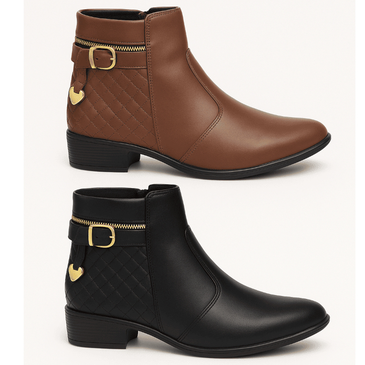 KIT Bota Feminina Coturno Botinha Montaria Cano Curto Fivela Zíper Confortável Moda