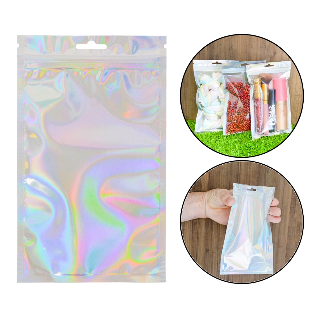 Saco Metalizado Zip Holográfico Reutilizável Para Alimentos Brindes Doces, Saco Nacarado em Oferta na Shopee