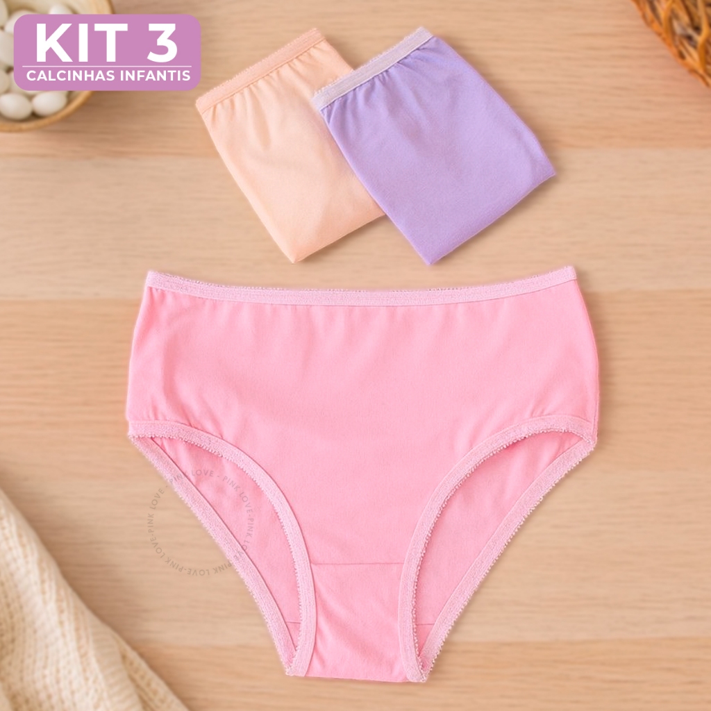 Kit 3 Calcinhas Juvenil Lisa Infantil Bordada Menina Confortável