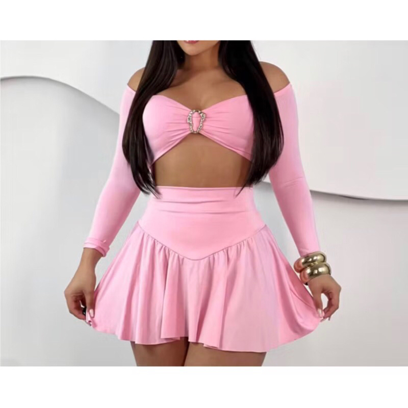 Conjunto Verão Cropped com Saia Godê Rodada Moda Feminina