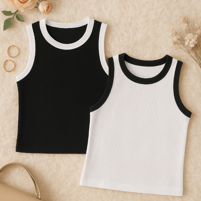 Kit 2 Regata Feminina Canelada Bicolor Americana Cavada Básica Blusa