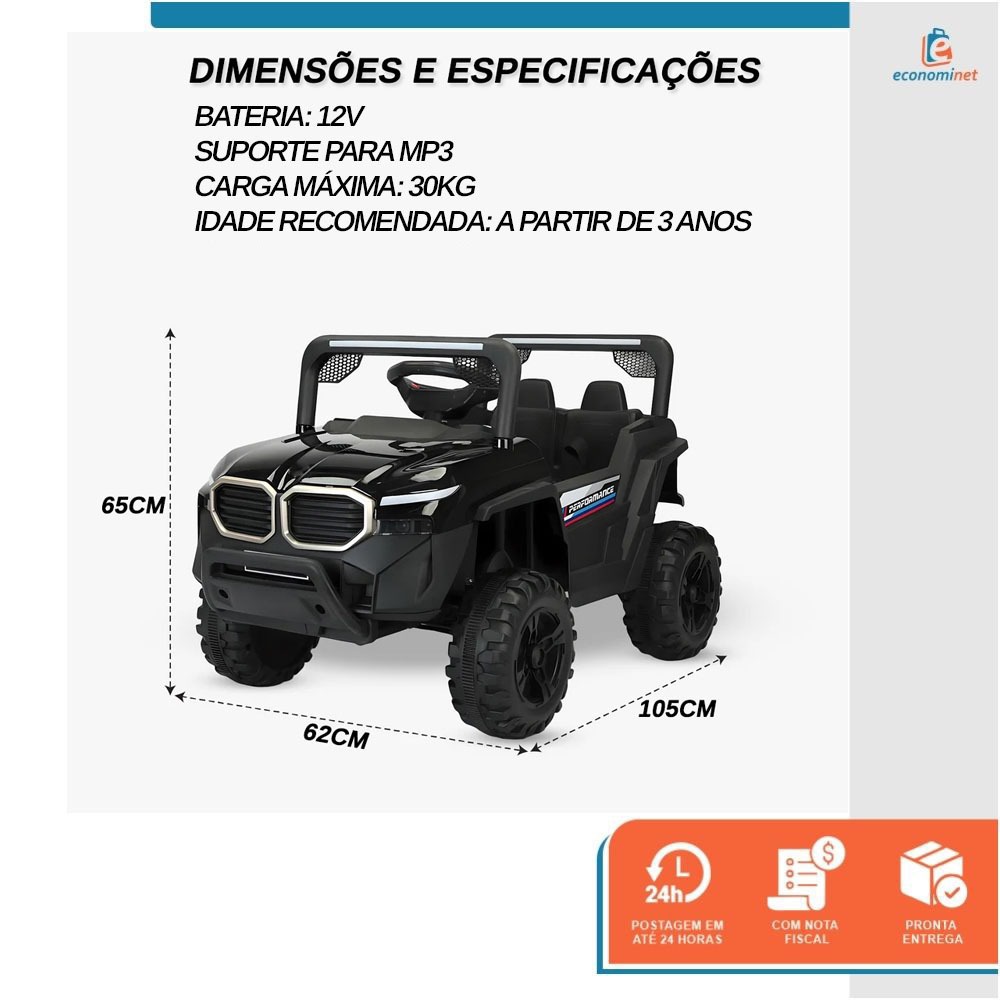 Carro Elétrico Infantil 12V Motores Potentes até 30kg Controle Remoto Suporte MP3 e Assento Crianças