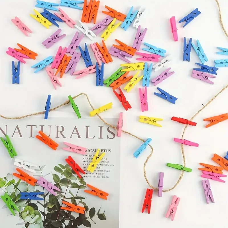 Kit 20, 40, 60, 80 ou 100pcs Mini Grampos de Madeira Coloridos de 25mm - Organização Artesanato DIY