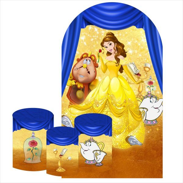 KIT PAINEL DE FESTA A BELA E A FERA (1 PAINEL ROMANO NA MEDIDA 2,00X1,00 + 3 CAPAS CILINDROS P/M/G) EM TECIDO ELANCA