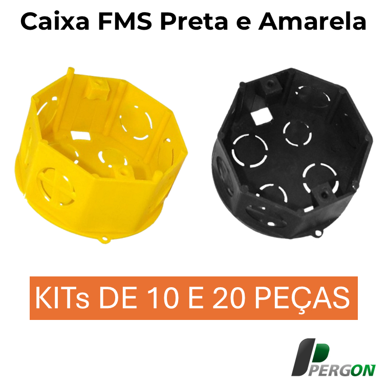 Kit de Caixa de passagem para Teto FMS Simples, nas opções Preta e Amarela com 10x ou 20+5x peças cada.