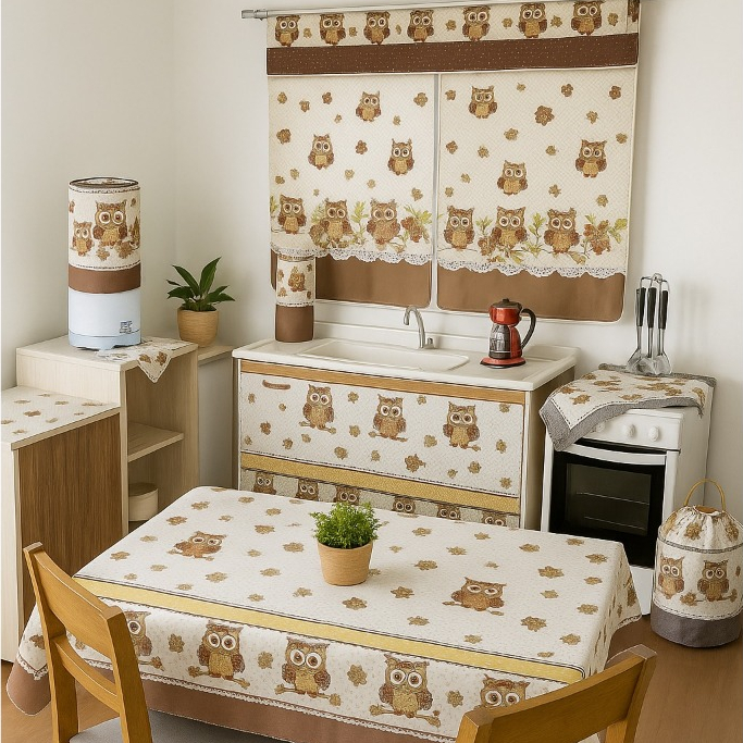 Kit De Cozinha com Cortina de Pia E Janela e Toalha de Mesa Completo em Tecido Oxford Estampada em Oferta na Shopee