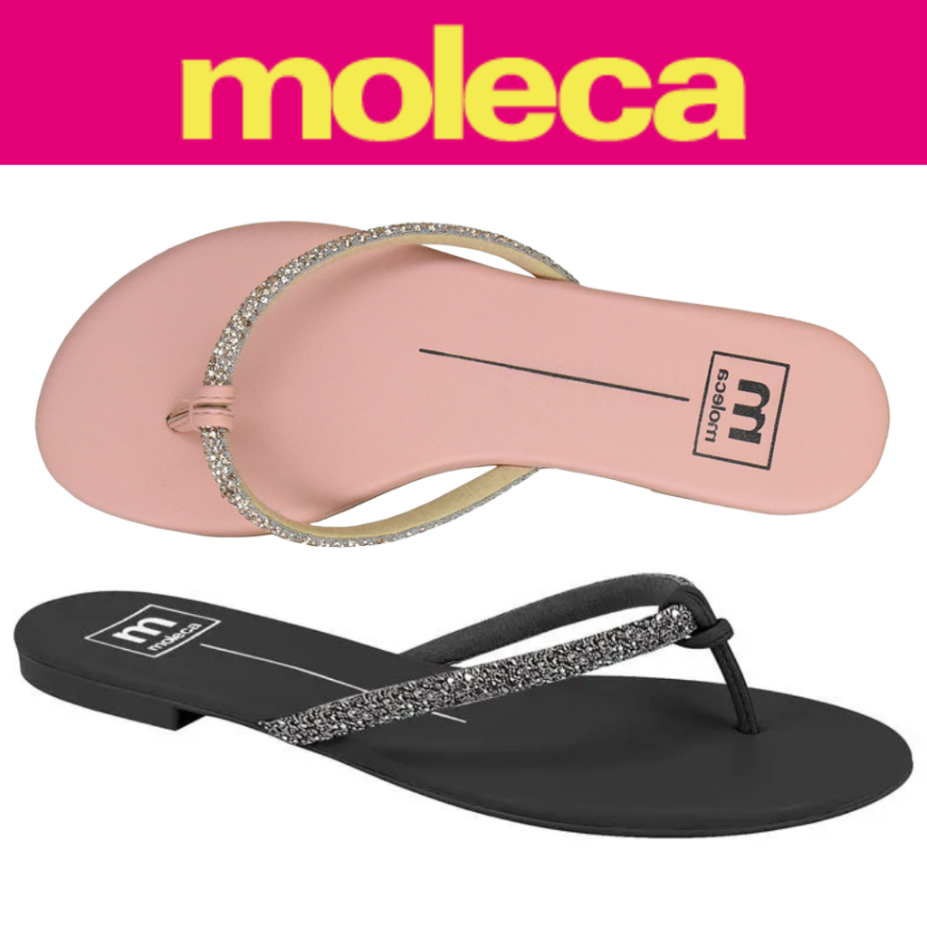 Sandália Rasteira Feminina Moleca Brilho Strass 5557103 Conforto Casual Elegante em Oferta na Shopee