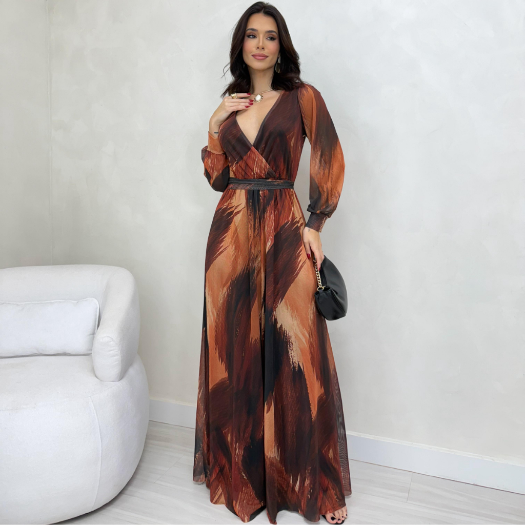 Macacão Tule Festa Longo Elegante Estampa Digital Exclusiva Luxo Oferta em Oferta na Shopee