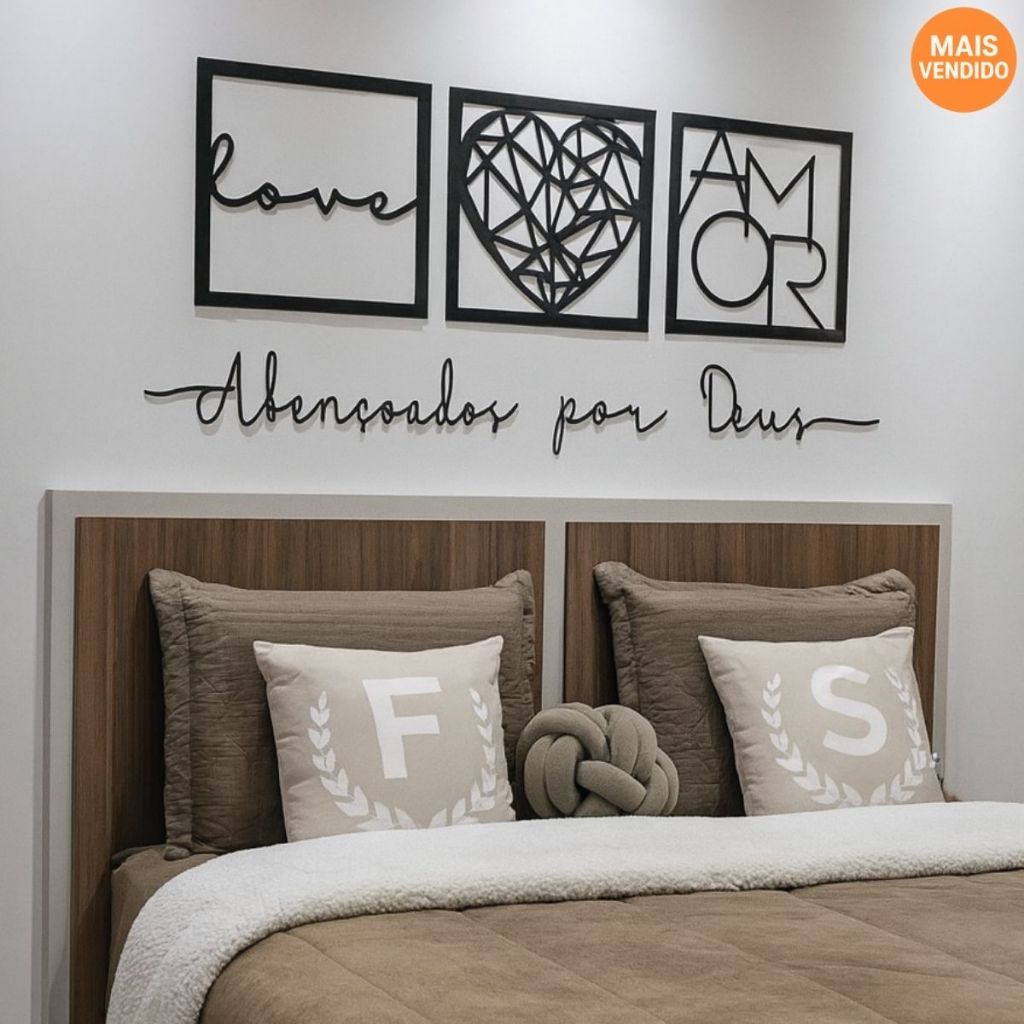 Kit 3 Quadros Love Coração Geométrico Amor + Frase de Parede Abençoados por Deus Religioso Mdf