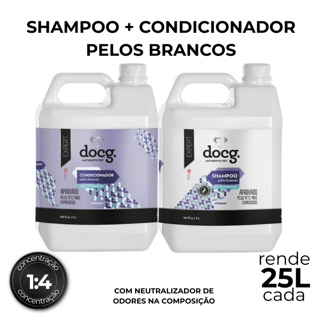 KIT  Pelos Brancos | Shampoo 5L + Condicionador 5L | DOCG | Produto Pet Shop | Rende até 25L cada